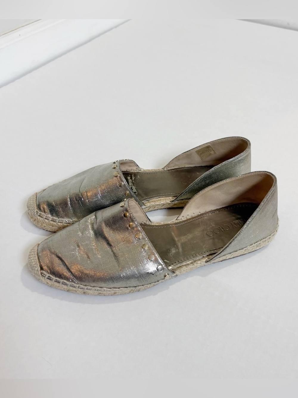 Jimmy Choo Dreya Gold Metallic Lame Espadrille Flats Size 39.5 US 9.5 Studded